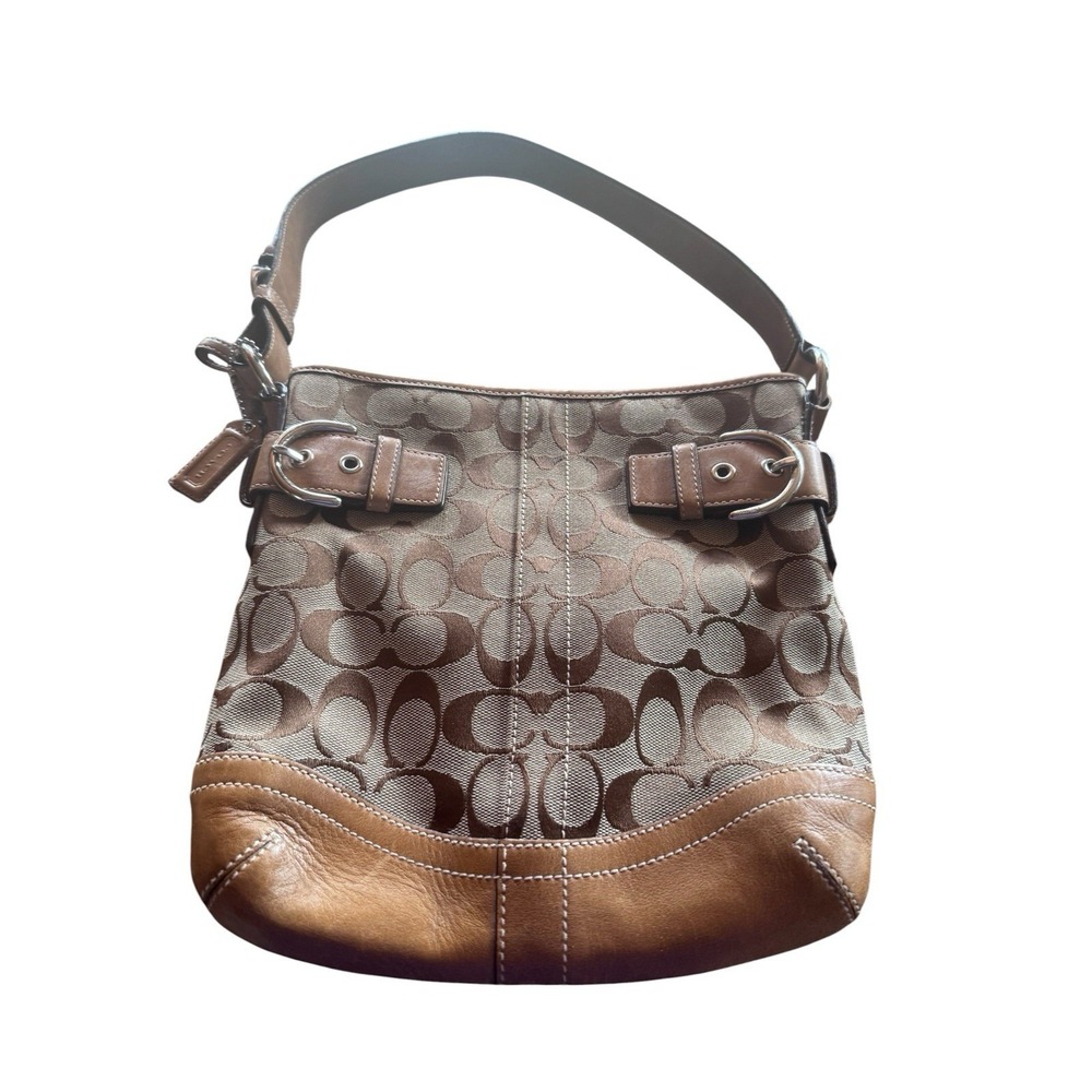 Coach Signature Jacquard And Tan Leather Shoulder Bag #3577 Coach Charm Buckles
